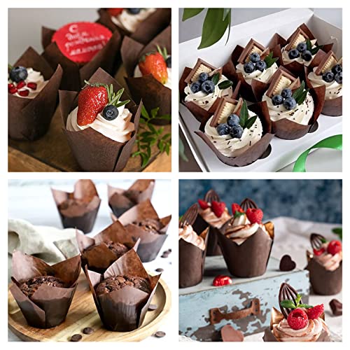 BAKHUK 200pcs Tulip Cupcake Baking Cups, Muffin Baking Liners Holders, Rustic Cupcake Wrapper, Brown, White and Nature Color
