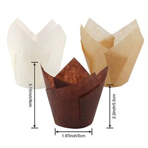 BAKHUK 200pcs Tulip Cupcake Baking Cups, Muffin Baking Liners Holders, Rustic Cupcake Wrapper, Brown, White and Nature Color