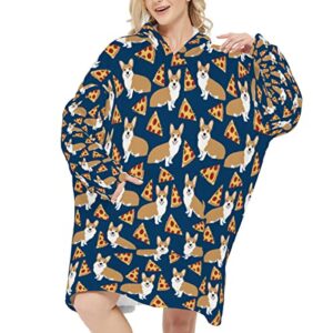 Wearable Blanket Hoodie, Corgi Pizza Funny Dog Oversized Hoodie Sweatshirt Blanket for Adults Women Men Cozy Warm Hoodie Blanket with Pocket