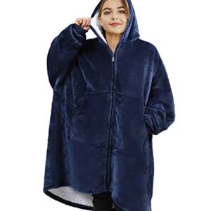 Wearable Blanket Hoodie for Adult Women Men - Oversized Hooded Blanket Sweatshirt with Giant Pocket and Elastic Sleeve (Navy Blue-Long)