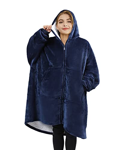 Wearable Blanket Hoodie for Adult Women Men - Oversized Hooded Blanket Sweatshirt with Giant Pocket and Elastic Sleeve (Navy Blue-Long)