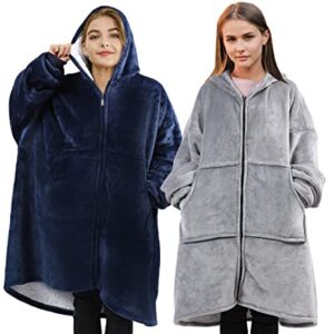 Wearable Blanket Hoodie for Adult Women Men - Oversized Hooded Blanket Sweatshirt with Giant Pocket and Elastic Sleeve (Navy Blue-Long)