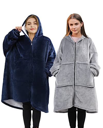 Wearable Blanket Hoodie for Adult Women Men - Oversized Hooded Blanket Sweatshirt with Giant Pocket and Elastic Sleeve (Navy Blue-Long)