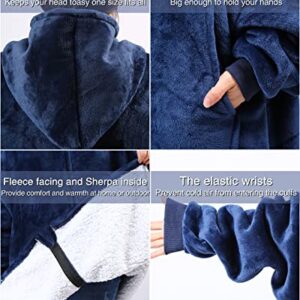 Wearable Blanket Hoodie for Adult Women Men - Oversized Hooded Blanket Sweatshirt with Giant Pocket and Elastic Sleeve (Navy Blue-Long)