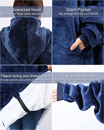 Wearable Blanket Hoodie for Adult Women Men - Oversized Hooded Blanket Sweatshirt with Giant Pocket and Elastic Sleeve (Navy Blue-Long)