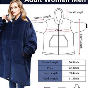 Wearable Blanket Hoodie for Adult Women Men - Oversized Hooded Blanket Sweatshirt with Giant Pocket and Elastic Sleeve (Navy Blue-Long)