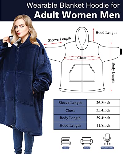 Wearable Blanket Hoodie for Adult Women Men - Oversized Hooded Blanket Sweatshirt with Giant Pocket and Elastic Sleeve (Navy Blue-Long)