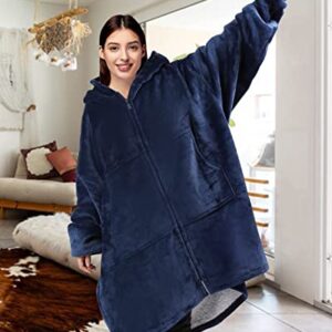 Wearable Blanket Hoodie for Adult Women Men - Oversized Hooded Blanket Sweatshirt with Giant Pocket and Elastic Sleeve (Navy Blue-Long)