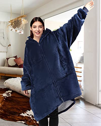 Wearable Blanket Hoodie for Adult Women Men - Oversized Hooded Blanket Sweatshirt with Giant Pocket and Elastic Sleeve (Navy Blue-Long)