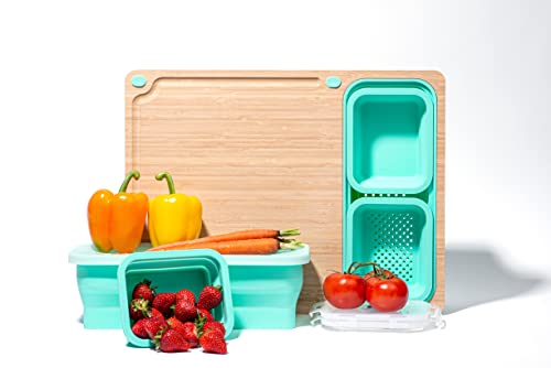 TidyBoard Meal Prep System - Bamboo Cutting Board - The Quick & Easy Meal Prep Solution, Teal