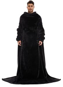 titizlk wearable blanket adult, super soft faux fur throw blanket, 61x80, with a foot pocket, large, blanket with sleeves, (black, 62x80)