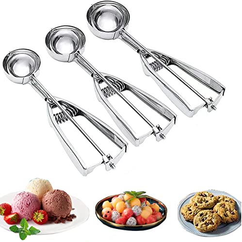 X-WLANG 3PCS Cookie Scoop Set,Upgraded Stainless Steel Ice Cream Scoop with Trigger Release, Large/Medium/Small Cookie Scooper for Baking, Cookie, Fruit and Ice Cream,Silver