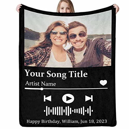 Jaydouble Personalized Blanket with Spotify Music Code Custom Picture Throw Blankets for Couples Lover Friends Birthday Wedding