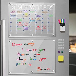 winblo 2 set magnetic acrylic calendar for fridge, 16''x12'' clear monthly acrylic calendar and dry erase board for refrigerator reusable planner, includes silicone gaskets and 6 colors markers