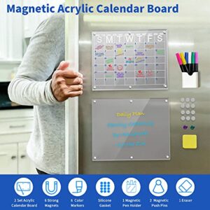 Winblo 2 Set Magnetic Acrylic Calendar for Fridge, 16''x12'' Clear Monthly Acrylic Calendar and Dry Erase Board for Refrigerator Reusable Planner, Includes Silicone Gaskets and 6 Colors Markers