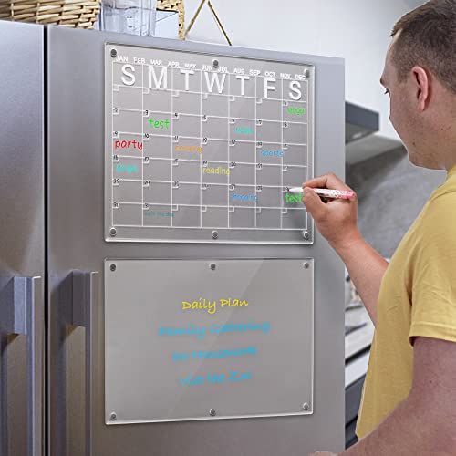 Winblo 2 Set Magnetic Acrylic Calendar for Fridge, 16''x12'' Clear Monthly Acrylic Calendar and Dry Erase Board for Refrigerator Reusable Planner, Includes Silicone Gaskets and 6 Colors Markers