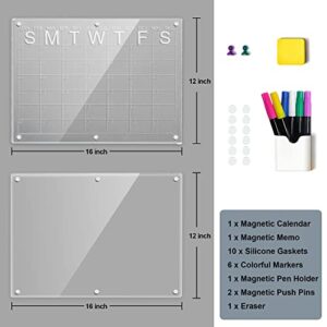 Winblo 2 Set Magnetic Acrylic Calendar for Fridge, 16''x12'' Clear Monthly Acrylic Calendar and Dry Erase Board for Refrigerator Reusable Planner, Includes Silicone Gaskets and 6 Colors Markers