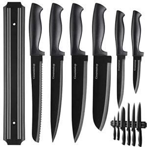 gourmetop kitchen knife set with no drilling magnetic strip, knives set for kitchen black titanium cooking knives, sharp stainless steel chef knife set for cutting meat & vegetable, small knife set
