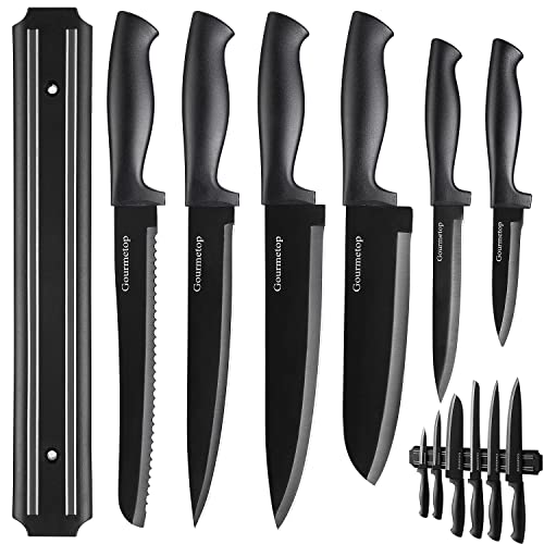 Gourmetop Kitchen Knife Set with No Drilling Magnetic Strip, Knives Set for Kitchen Black Titanium Cooking Knives, Sharp Stainless Steel Chef Knife Set for Cutting Meat & Vegetable, Small Knife Set