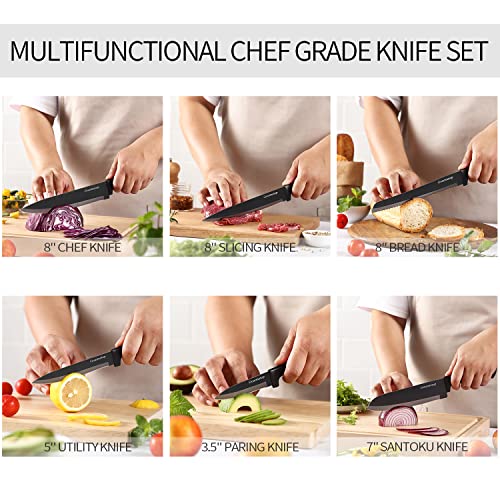 Gourmetop Kitchen Knife Set with No Drilling Magnetic Strip, Knives Set for Kitchen Black Titanium Cooking Knives, Sharp Stainless Steel Chef Knife Set for Cutting Meat & Vegetable, Small Knife Set