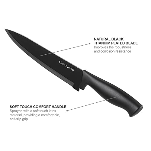 Gourmetop Kitchen Knife Set with No Drilling Magnetic Strip, Knives Set for Kitchen Black Titanium Cooking Knives, Sharp Stainless Steel Chef Knife Set for Cutting Meat & Vegetable, Small Knife Set