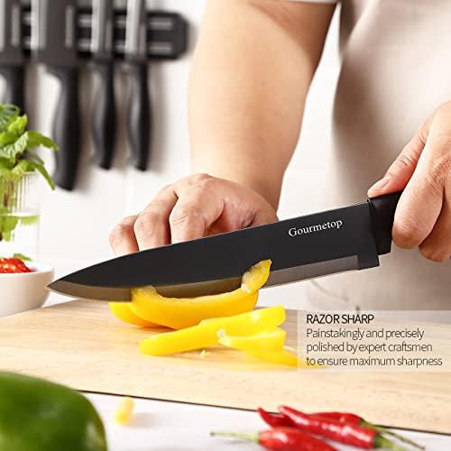 Gourmetop Kitchen Knife Set with No Drilling Magnetic Strip, Knives Set for Kitchen Black Titanium Cooking Knives, Sharp Stainless Steel Chef Knife Set for Cutting Meat & Vegetable, Small Knife Set