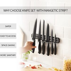 Gourmetop Kitchen Knife Set with No Drilling Magnetic Strip, Knives Set for Kitchen Black Titanium Cooking Knives, Sharp Stainless Steel Chef Knife Set for Cutting Meat & Vegetable, Small Knife Set