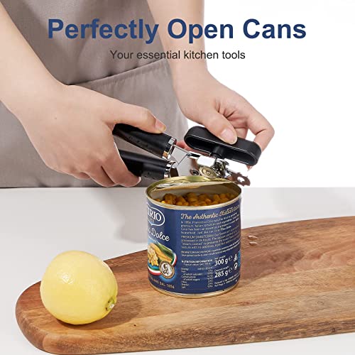Can Opener, Can Opener Manual with Stainless Steel Sharp Blade - Smooth Edge & Ultra Sharp, Multifunctional Heavy Duty Handheld Can Opener with Anti-slip Hand Grip & Large Turning Knob (Black)
