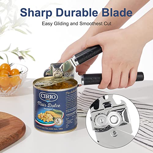 Can Opener, Can Opener Manual with Stainless Steel Sharp Blade - Smooth Edge & Ultra Sharp, Multifunctional Heavy Duty Handheld Can Opener with Anti-slip Hand Grip & Large Turning Knob (Black)