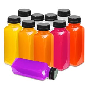 manshu 10 oz plastic juice bottles, reusable bulk beverage containers, with black tamper evident lids for juice, milk and other beverages 10pcs.