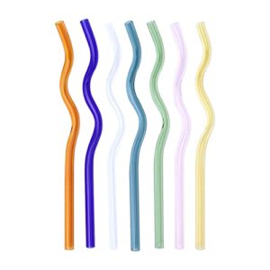 nipogear 8*200mm wavy high borosilicate transparent colored high borosilicate glass straws for beverages, coffee, milk and tea straws. seven-piece suit.