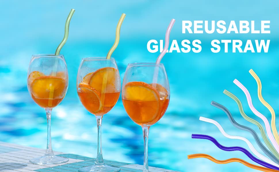 Nipogear 8*200mm wavy high borosilicate transparent colored high borosilicate glass straws for beverages, coffee, milk and tea straws. Seven-piece suit.