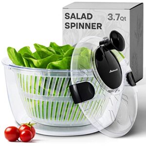 joined salad spinner with drain, bowl, and colander - quick and easy multi-use lettuce spinner, vegetable dryer, fruit washer, pasta and fries spinner - 3.7 qt
