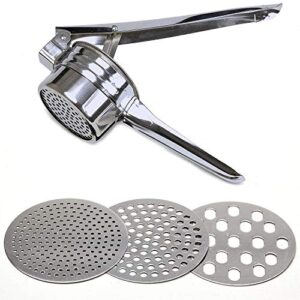 stainless steel potato ricer – manual masher for potatoes, fruits, vegetables, yams, squash, baby food and more - 3 interchangeable discs for fine, medium, and coarse, - easy to use - by tundras
