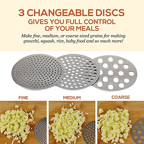 Stainless Steel Potato Ricer – Manual Masher for Potatoes, Fruits, Vegetables, Yams, Squash, Baby Food and More - 3 Interchangeable Discs for Fine, Medium, and Coarse, - Easy To Use - by Tundras