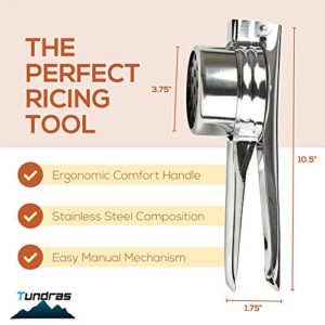 Stainless Steel Potato Ricer – Manual Masher for Potatoes, Fruits, Vegetables, Yams, Squash, Baby Food and More - 3 Interchangeable Discs for Fine, Medium, and Coarse, - Easy To Use - by Tundras