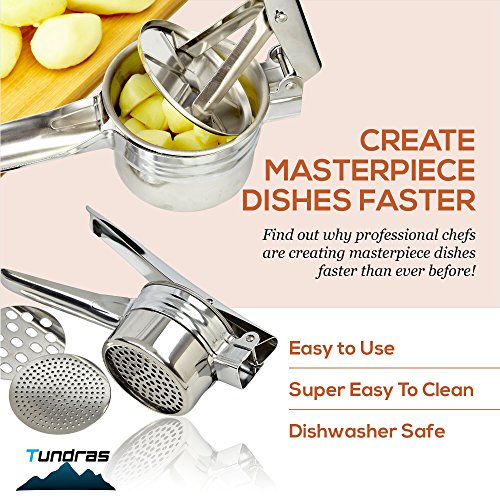 Stainless Steel Potato Ricer – Manual Masher for Potatoes, Fruits, Vegetables, Yams, Squash, Baby Food and More - 3 Interchangeable Discs for Fine, Medium, and Coarse, - Easy To Use - by Tundras