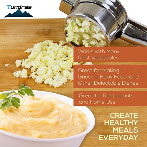 Stainless Steel Potato Ricer – Manual Masher for Potatoes, Fruits, Vegetables, Yams, Squash, Baby Food and More - 3 Interchangeable Discs for Fine, Medium, and Coarse, - Easy To Use - by Tundras