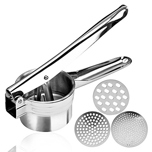 Stainless Steel Potato Ricer – Manual Masher for Potatoes, Fruits, Vegetables, Yams, Squash, Baby Food and More - 3 Interchangeable Discs for Fine, Medium, and Coarse, - Easy To Use - by Tundras