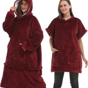 Zillywood Oversized Wearable Blanket Hoodie with Removable Sleeves, Hood and Bottom. Soft Customizable Fleece Blanket Hoodie with Sleeves, Wearable Warm Snuggle Blanket with Zippers. (Wine, One Size)