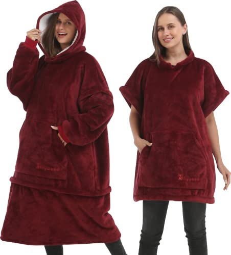 Zillywood Oversized Wearable Blanket Hoodie with Removable Sleeves, Hood and Bottom. Soft Customizable Fleece Blanket Hoodie with Sleeves, Wearable Warm Snuggle Blanket with Zippers. (Wine, One Size)