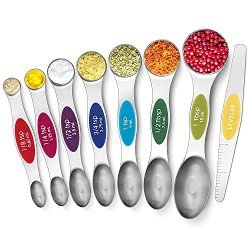 Urbanstrive Magnetic Measuring Spoons Set Stainless Steel, Dual Sided for Liquid Dry Food, Measuring Cups Spoons Set Fits in Spice Jar, Kitchen Gadgets, Cooking Utensils Set, Including Leveler, 8Color