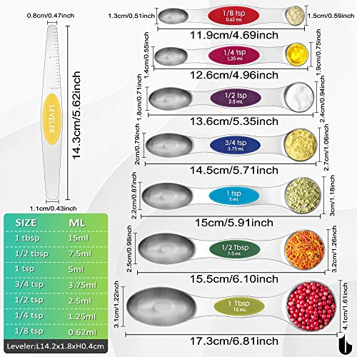 Urbanstrive Magnetic Measuring Spoons Set Stainless Steel, Dual Sided for Liquid Dry Food, Measuring Cups Spoons Set Fits in Spice Jar, Kitchen Gadgets, Cooking Utensils Set, Including Leveler, 8Color