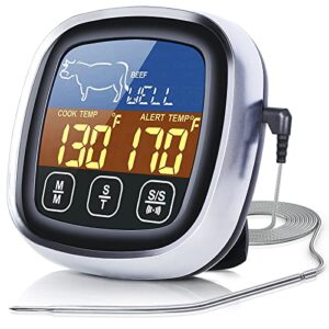 pilita digital meat thermometer with large touchscreen lcd, with long probe, kitchen timer, backlight instant read for smoker kitchen bbq oven, grill thermometer, cooking food meat thermometer- silver