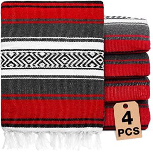 4 pcs mexican blankets bulk handwoven mexican yoga blanket towel colorful falsa serape woven throw blanket boho mexican beach blankets for outdoor camping beach picnic travel home (red)