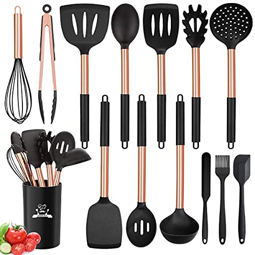 Silicone Cooking Utensil Set, 14pcs Kitchen Utensils Set Non-stick Heat Resistant Cookware Copper Stainless Steel Handle Cooking Tools Turner Tongs Spatula Spoon - BPA Free, Non Toxic