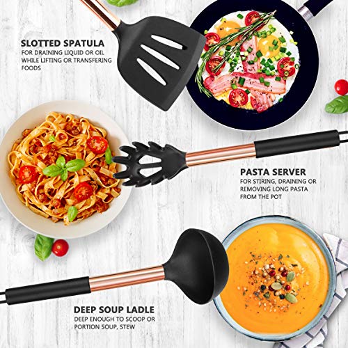 Silicone Cooking Utensil Set, 14pcs Kitchen Utensils Set Non-stick Heat Resistant Cookware Copper Stainless Steel Handle Cooking Tools Turner Tongs Spatula Spoon - BPA Free, Non Toxic