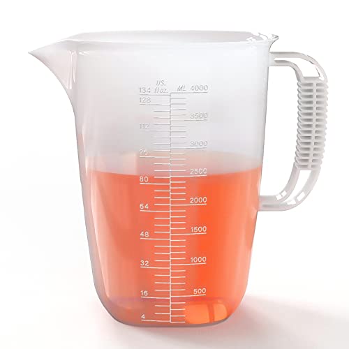 Luvan 1 Gallon Measuring Pitcher, 134oz Extra Large Plastic Measuring Pitcher-Conversion Chart, Heat Resistant 1 Gallon Measuring Container with Handle for Motor Oil, Chemicals, Pool, Lawn and Cook