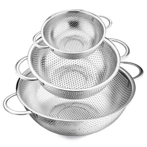 stainless steel colander set of 3 (1-3-5quart), e-far micro-perforated metal colander strainer with handle for kitchen/draining pasta/rinsing vegetables fruits, heavy duty & dishwasher safe