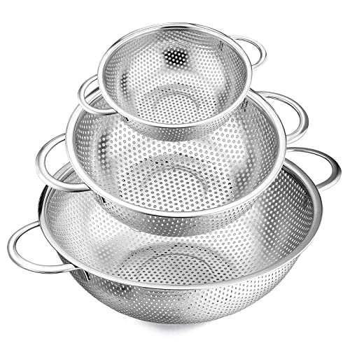 Stainless Steel Colander Set of 3 (1-3-5Quart), E-far Micro-Perforated Metal Colander Strainer with Handle for Kitchen/Draining Pasta/Rinsing Vegetables Fruits, Heavy Duty & Dishwasher Safe